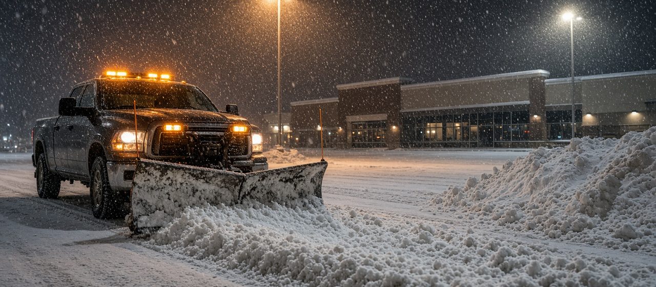 A dark pickup with amber lights and a front plow blade pushing snow across a parking lot at night, with tall pole lights, a storefront building and a snow pile behind it, in Pittsburgh, Pennsylvania