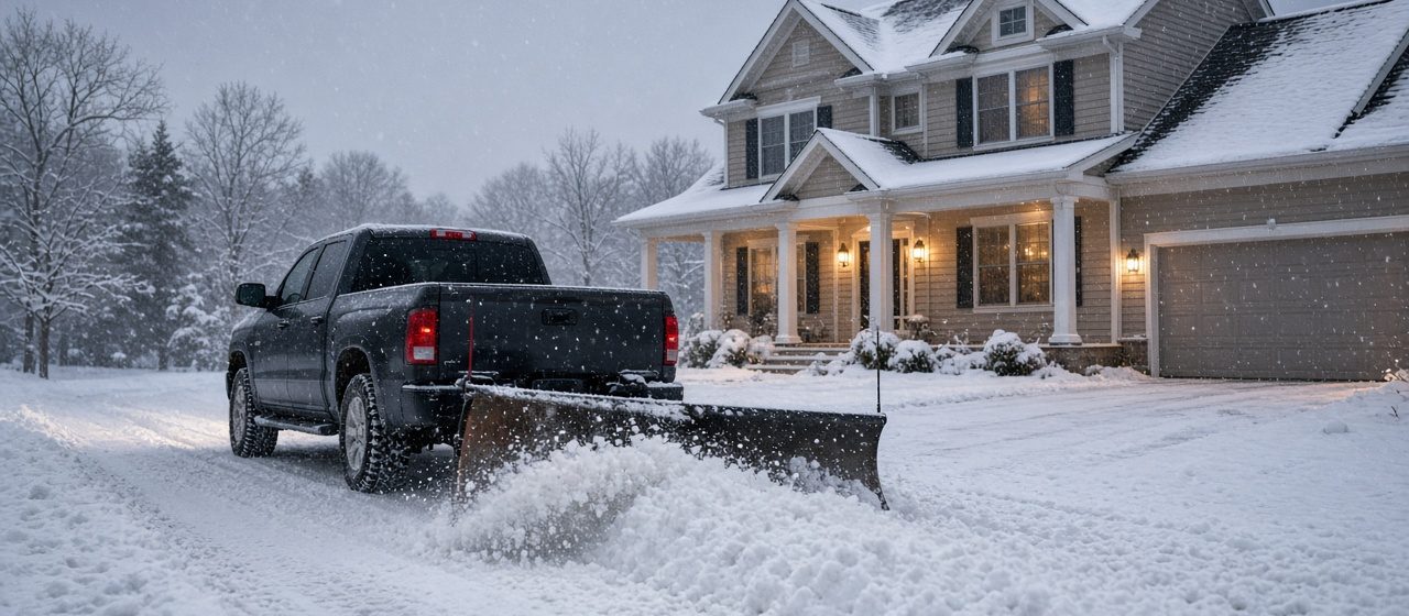 A dark pickup with a plow blade at its rear pushing snow down a driveway in front of a two-story house with lit windows and snow on the roof, in Pittsburgh, Pennsylvania