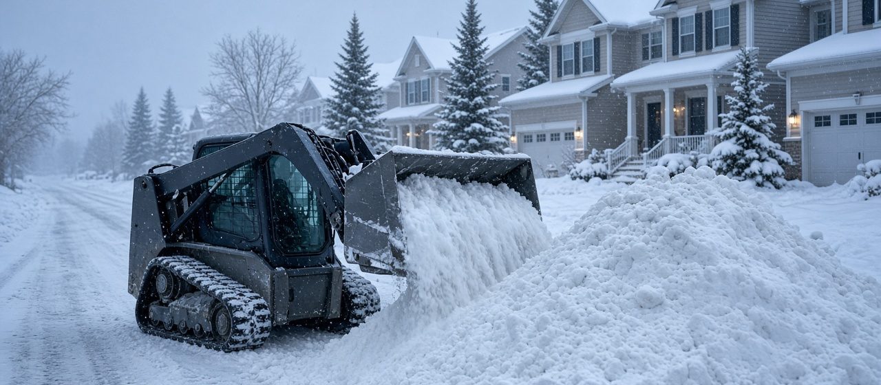 A tracked skid steer pushing snow into a tall pile beside a residential street lined with two-story houses and evergreen trees in falling snow, in Pittsburgh, Pennsylvania