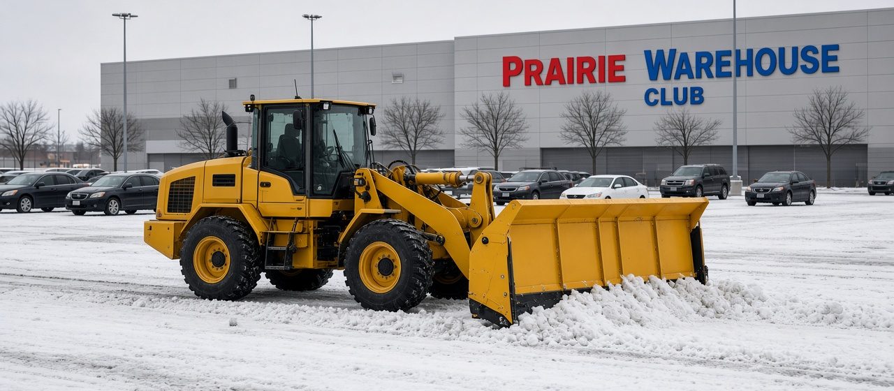 A yellow wheel loader with a yellow snow pusher clearing a snowy store parking lot, with parked cars and bare trees in front of a big warehouse store, in Pittsburgh, Pennsylvania