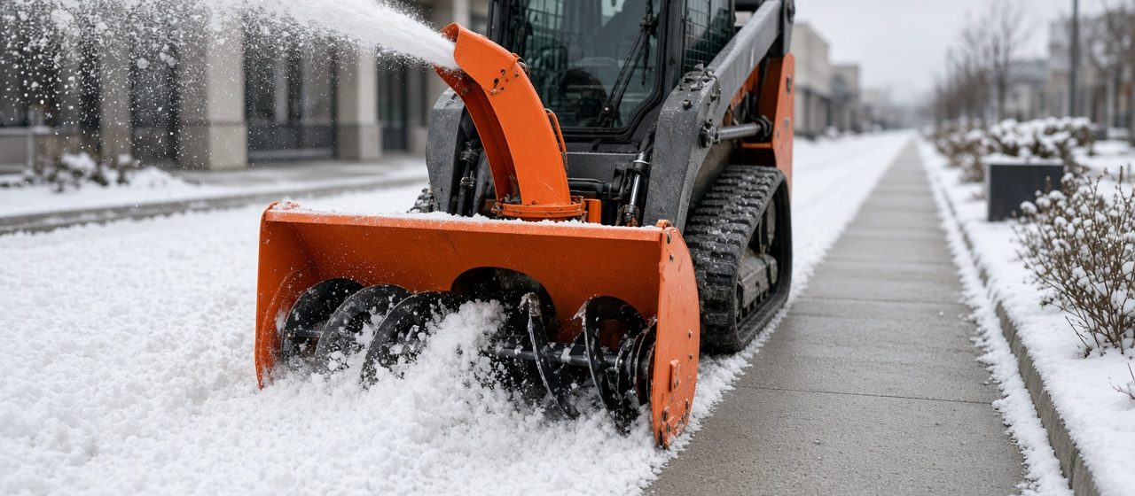 An orange snow blower attachment on a tracked loader throwing snow beside a long cleared sidewalk, in Pittsburgh, Pennsylvania