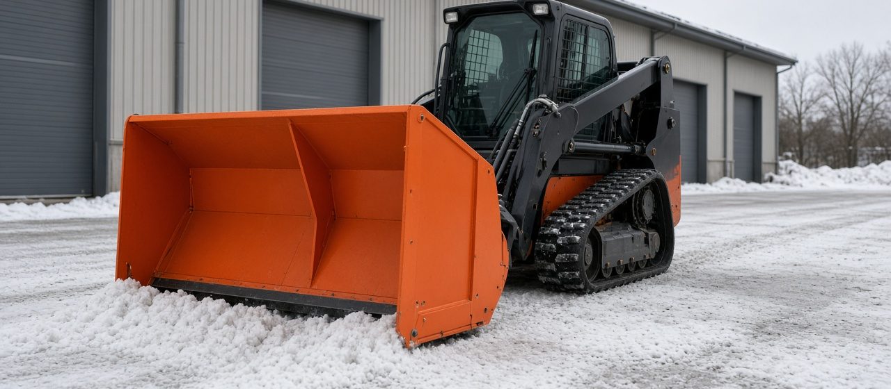 An orange snow pusher with tall side panels on a black tracked loader in front of a metal warehouse, in Pittsburgh, Pennsylvania