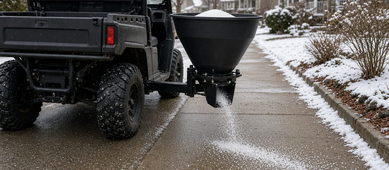 A black cone-shaped spreader on the back of a utility vehicle spreading salt on a sidewalk, in Pittsburgh, Pennsylvania