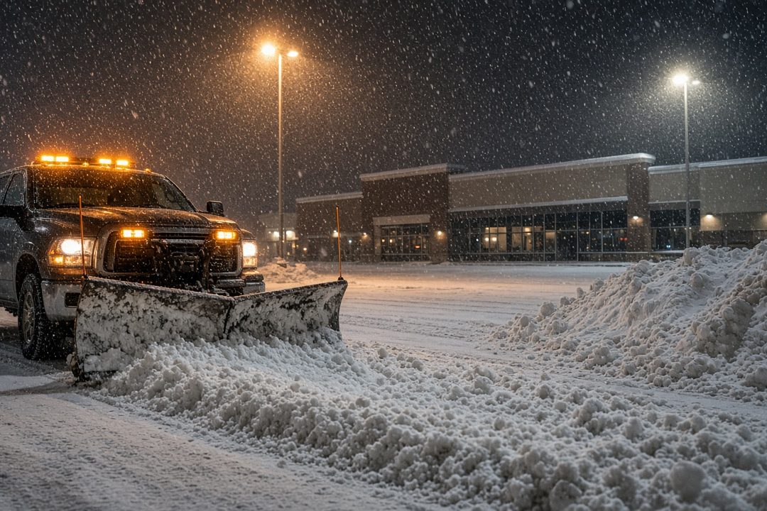 A dark pickup with amber lights and a front plow blade pushing snow across a parking lot at night, with tall pole lights, a storefront building and a snow pile behind it, in Pittsburgh, Pennsylvania