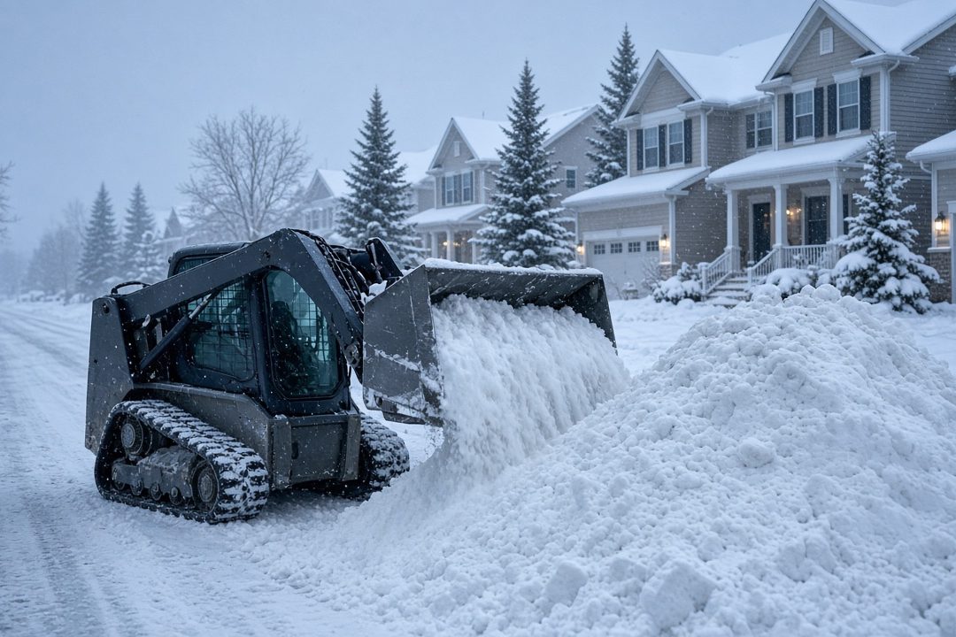 A tracked skid steer pushing snow into a tall pile beside a residential street lined with two-story houses and evergreen trees in falling snow, in Pittsburgh, Pennsylvania