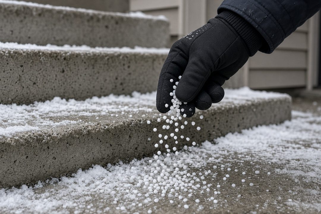 A gloved hand scattering white ice melt pellets onto snowy concrete steps, in Pittsburgh, Pennsylvania