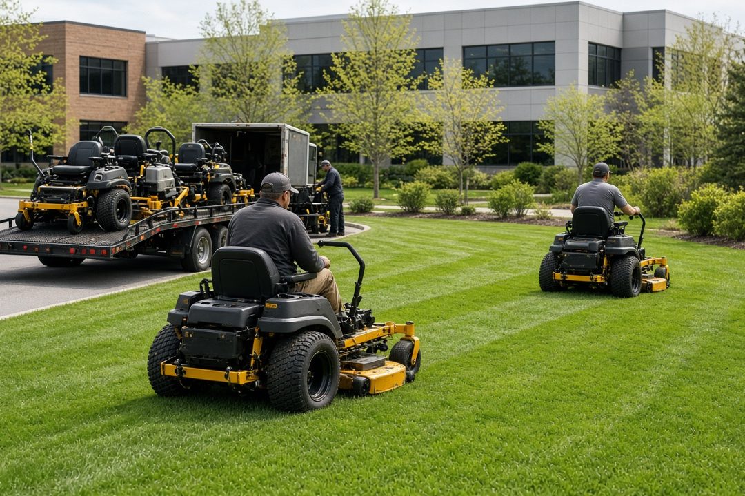 Landscape workers on yellow and black zero-turn mowers cutting a green lawn at an office park, with a trailer of mowers behind them, in Pittsburgh, Pennsylvania