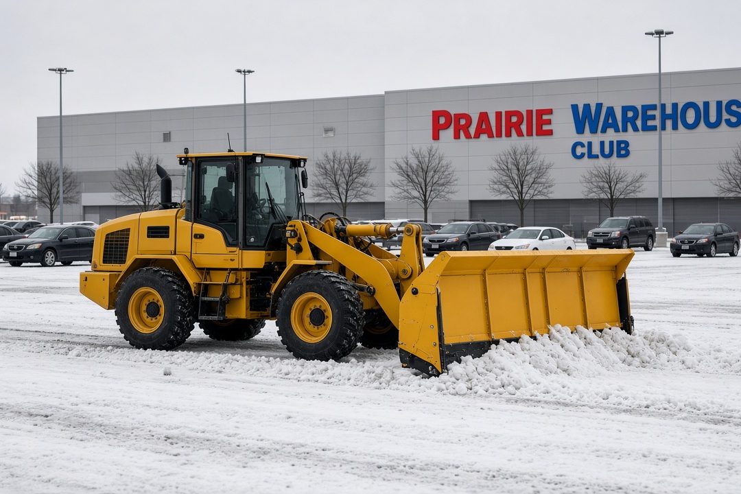 A yellow wheel loader with a yellow snow pusher clearing a snowy store parking lot, with parked cars and bare trees in front of a big warehouse store, in Pittsburgh, Pennsylvania