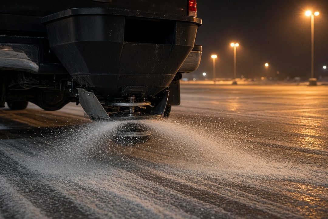 A black tailgate hopper on the back of a truck spreading salt across a parking lot at night, in Pittsburgh, Pennsylvania