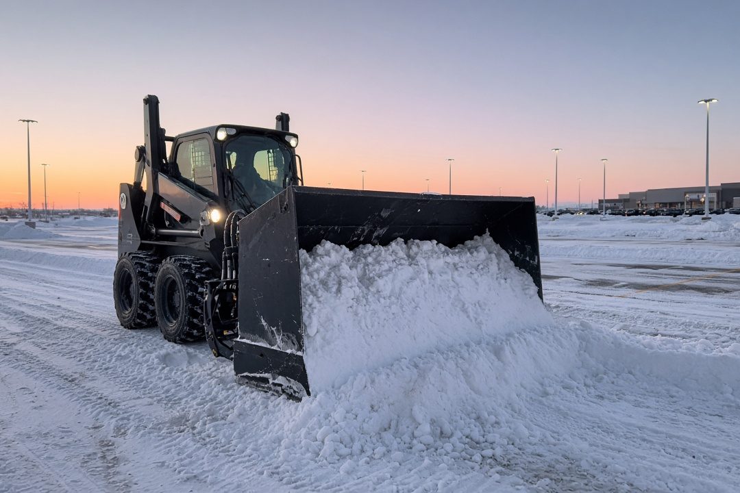 A black snow pusher box on a wheeled skid steer pushing snow across a big parking lot at dawn, in Pittsburgh, Pennsylvania