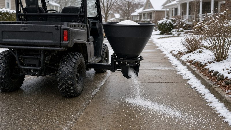 A black cone-shaped spreader on the back of a utility vehicle spreading salt on a sidewalk, in Pittsburgh, Pennsylvania