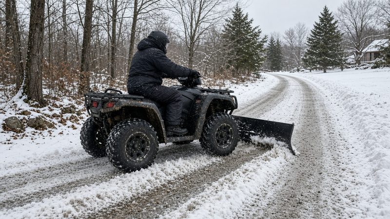 A rider on an ATV with a front plow blade clearing a snowy gravel lane through the woods, in Pittsburgh, Pennsylvania