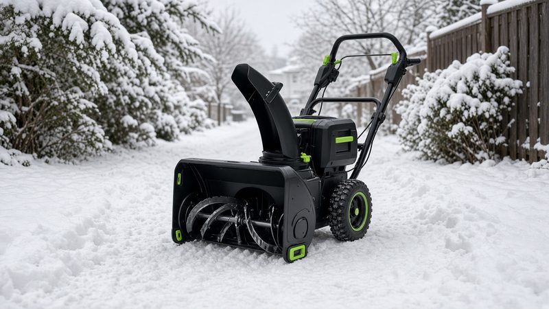 A black battery-powered two-stage snow blower with green trim on a snowy path between snow-covered shrubs and a fence, in Pittsburgh, Pennsylvania