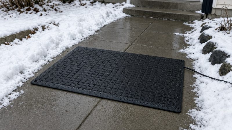 A black rubber mat on a wet, clear concrete walkway with snow on both sides and a cord running off the side, in Pittsburgh, Pennsylvania