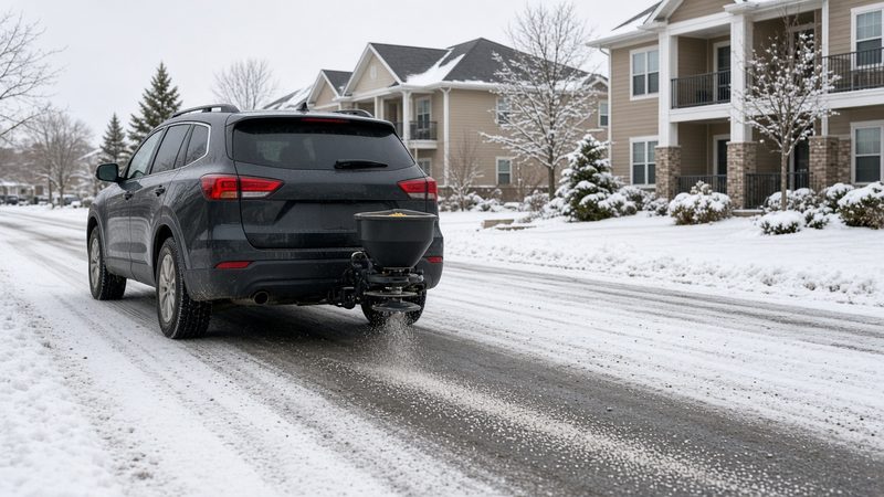 A dark SUV with a small black salt spreader on its rear hitch spreading salt on a snowy street by apartment buildings, in Pittsburgh, Pennsylvania