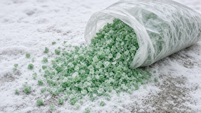 A clear bag of green ice melt crystals spilling onto snowy ground, in Pittsburgh, Pennsylvania