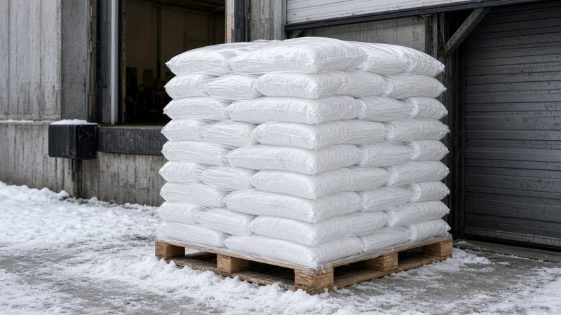 A wooden pallet stacked with plain white bags beside a loading dock door, in Pittsburgh, Pennsylvania