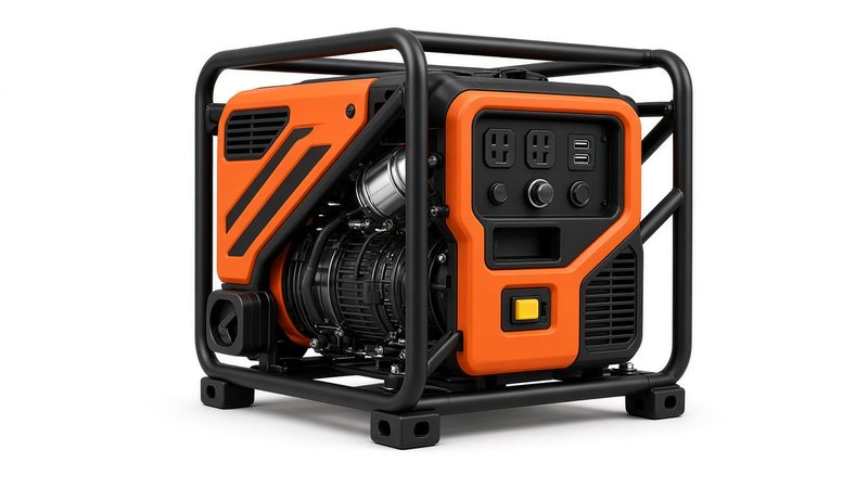 An orange and black open-frame inverter generator in a black tube frame, in Pittsburgh, Pennsylvania