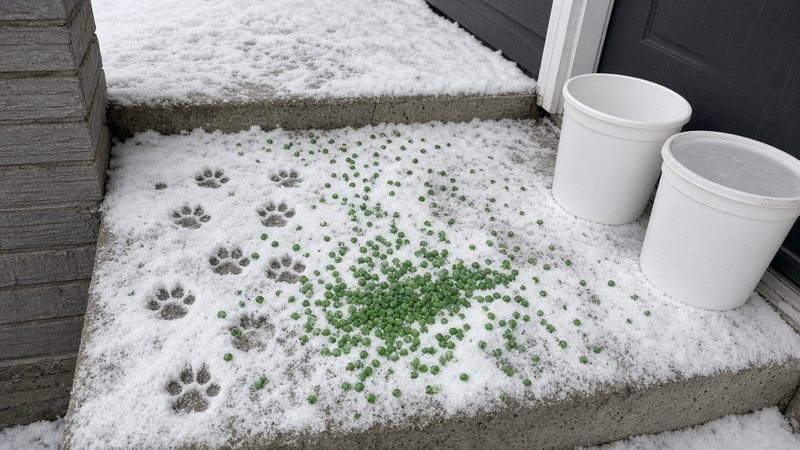 Green ice melt pellets and paw prints on a snowy front step, with two plain white tubs by the door, in Pittsburgh, Pennsylvania