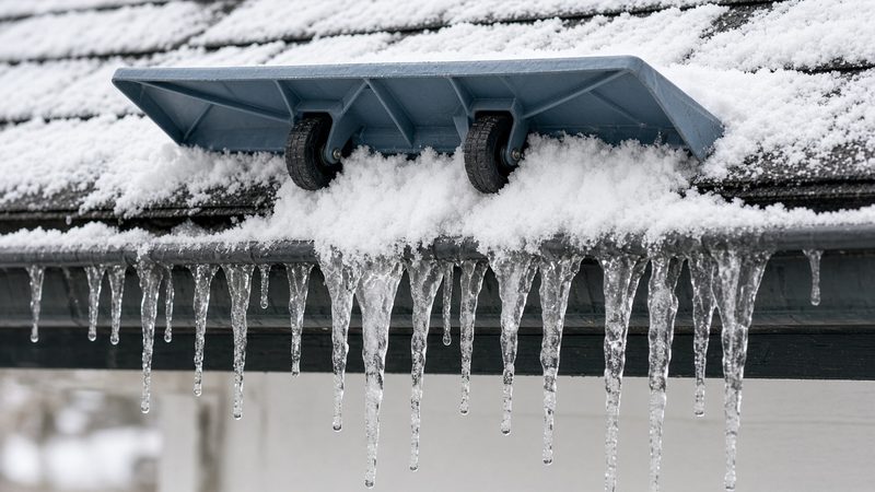 A blue-gray roof rake head with two wheels on a snowy roof edge above a row of icicles, in Pittsburgh, Pennsylvania