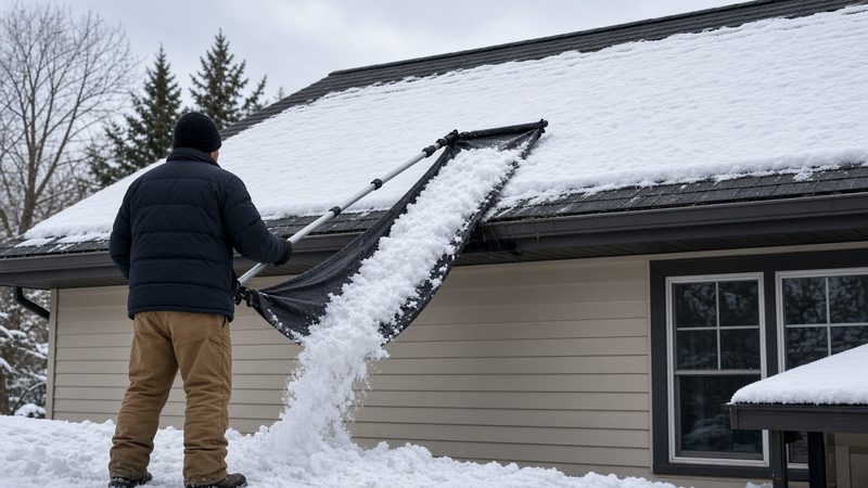 A person on the ground pulling a sheet of snow off a house roof with a long roof rake and fabric slide, in Pittsburgh, Pennsylvania