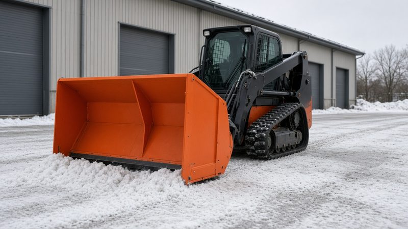 An orange snow pusher with tall side panels on a black tracked loader in front of a metal warehouse, in Pittsburgh, Pennsylvania