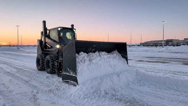A black snow pusher box on a wheeled skid steer pushing snow across a big parking lot at dawn, in Pittsburgh, Pennsylvania
