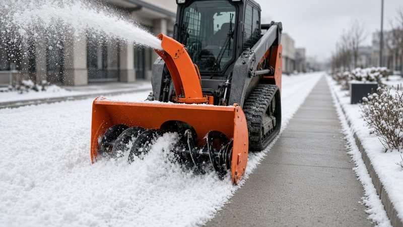 An orange snow blower attachment on a tracked loader throwing snow beside a long cleared sidewalk, in Pittsburgh, Pennsylvania