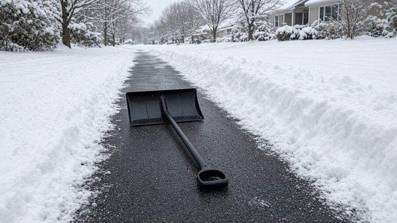 A black snow pusher lying on a freshly cleared strip of driveway between snowbanks, in Pittsburgh, Pennsylvania