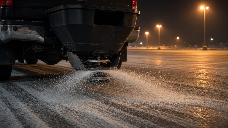 A black tailgate hopper on the back of a truck spreading salt across a parking lot at night, in Pittsburgh, Pennsylvania