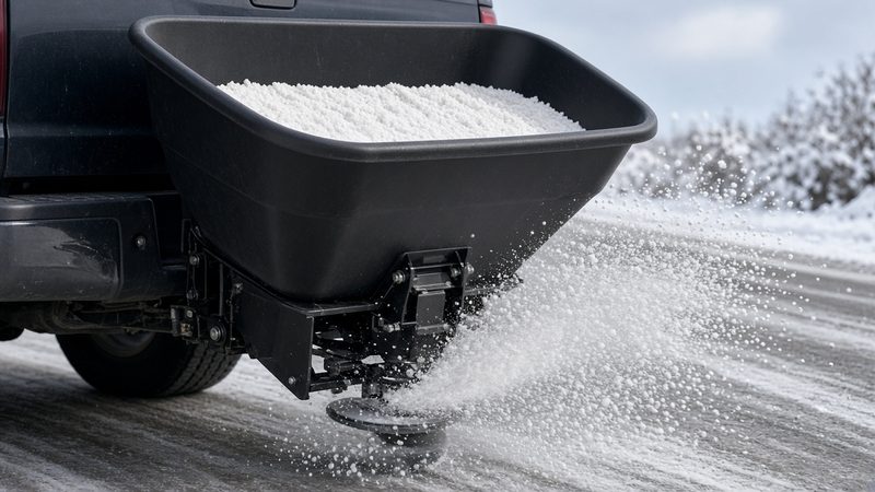 A black hopper full of salt on the back of a truck, with a spinner throwing salt onto a snowy road, in Pittsburgh, Pennsylvania