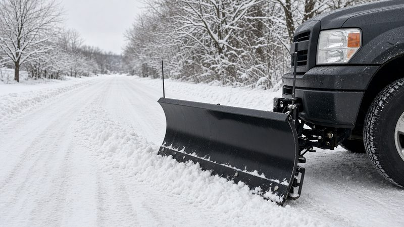 A black straight plow blade mounted on the front of a dark pickup on a snowy road, in Pittsburgh, Pennsylvania