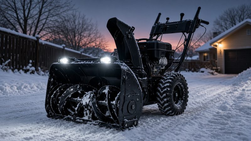 A black two-stage snow blower with its headlights on in a snowy driveway at dusk, in Pittsburgh, Pennsylvania