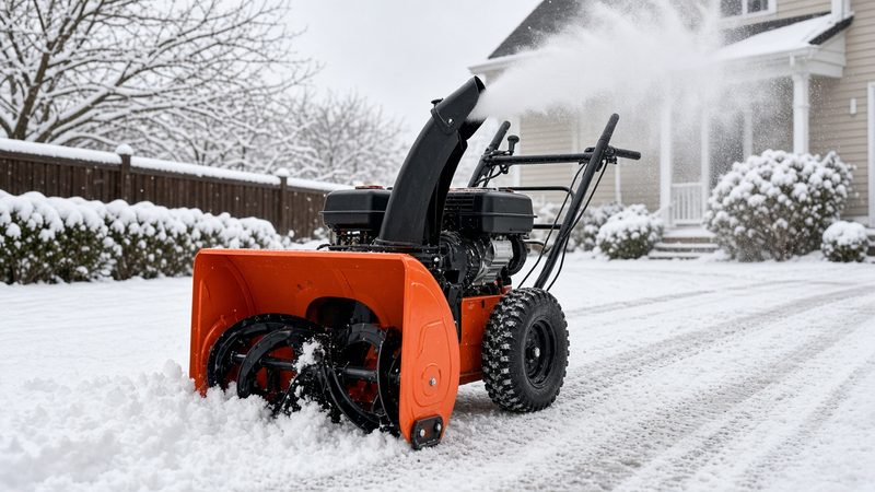 An orange two-stage snow blower throwing snow from its chute in a snowy front yard, in Pittsburgh, Pennsylvania