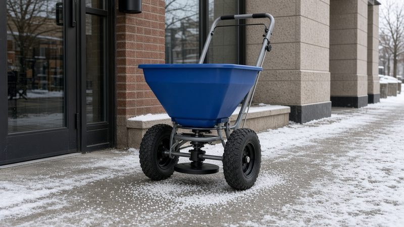 A blue walk-behind spreader with large tires on a salted storefront sidewalk, in Pittsburgh, Pennsylvania